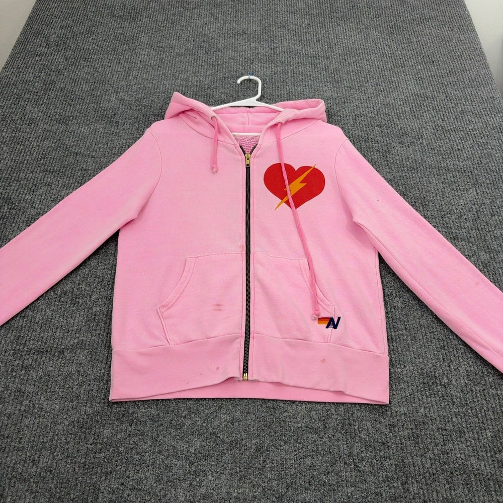 Aviator Nation Hoodie Women XS Pink Poly Cotton Heart Lightning Bolt Zip Up Surf